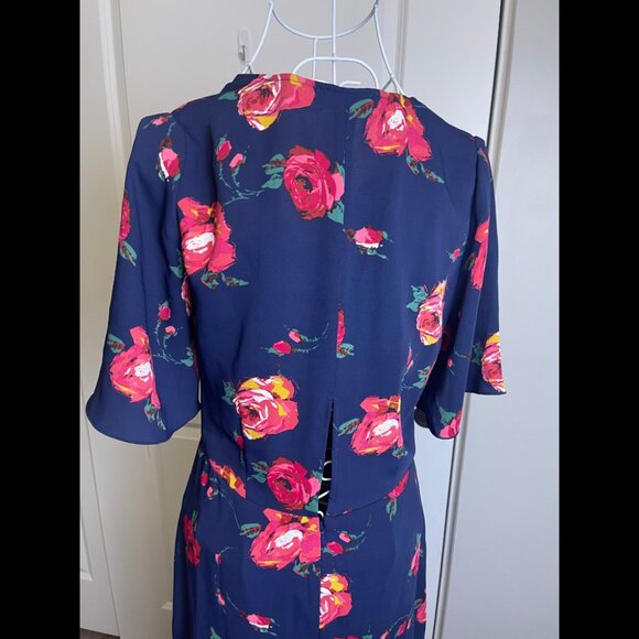Aritzia Babaton Jedd Navy With Rose Design, High-low Hemline, Wrap Dress Sz-6 - Picture 5 of 11
